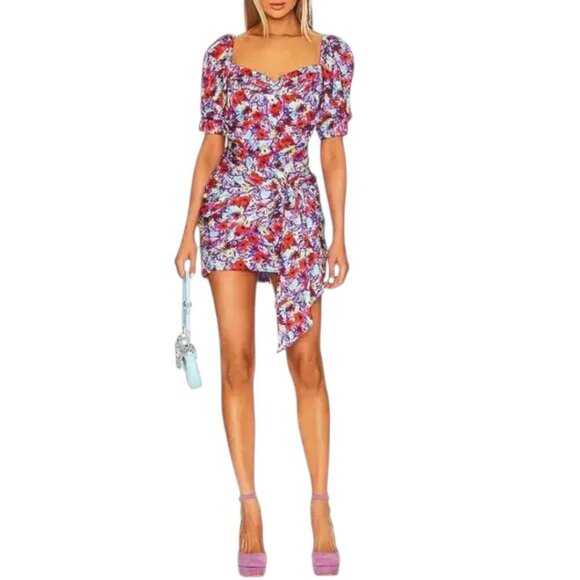 For Love and Lemons Chiara Purple Floral Ruched Puff Sleeve Dress